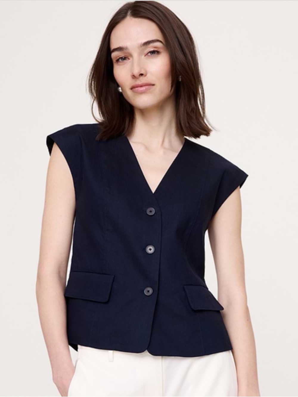 Banana Republic Dark Navy Linen Blend Sleeveless Tailored Vest Sz 6   Classy NWT